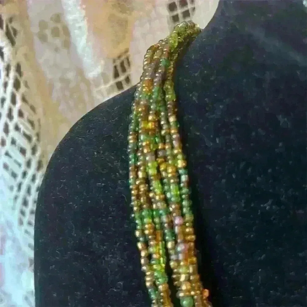 Vintage Multi-Strand Green Seed Bead Necklace w/ Enameled Rhinestone Enhancer